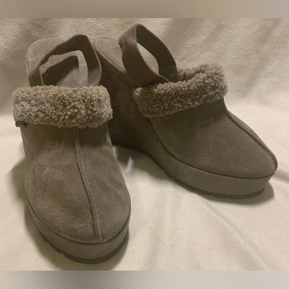 Brunello Cucinelli Suede Shearling Wedge Slingback Clogs Grey size EU 39 / US 9
